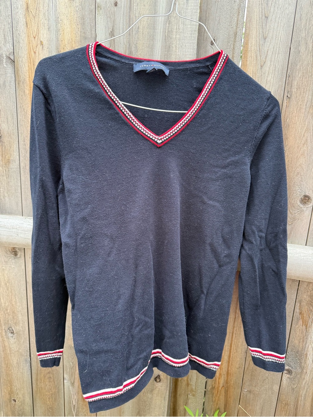 Tommy Hilfiger Black V-Neck Sweater with Red and White Trim